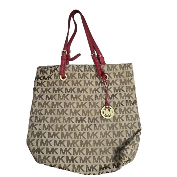 Michael Kors Red Handle Canvas Tote Bag Jet Set Messenger - Picture 1 of 9